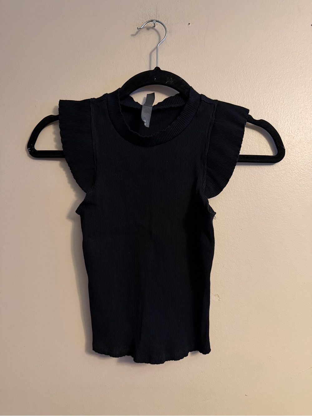 Alya Black Ribbed Tank with Ruffled Cap Sleeves